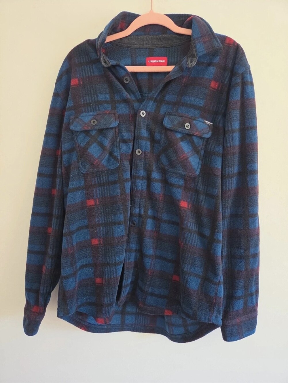 UNIONBAY Men's Size Large Blue & Red Plaid Fleece Button-Up Shirt